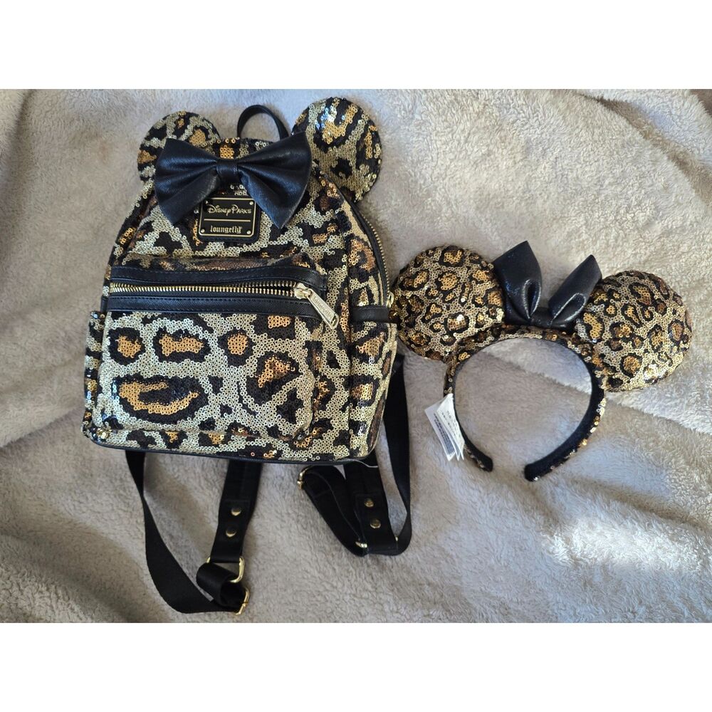 Disney Parks Loungefly Leopard Sequin Mini Backpack & Minnie Ears Set